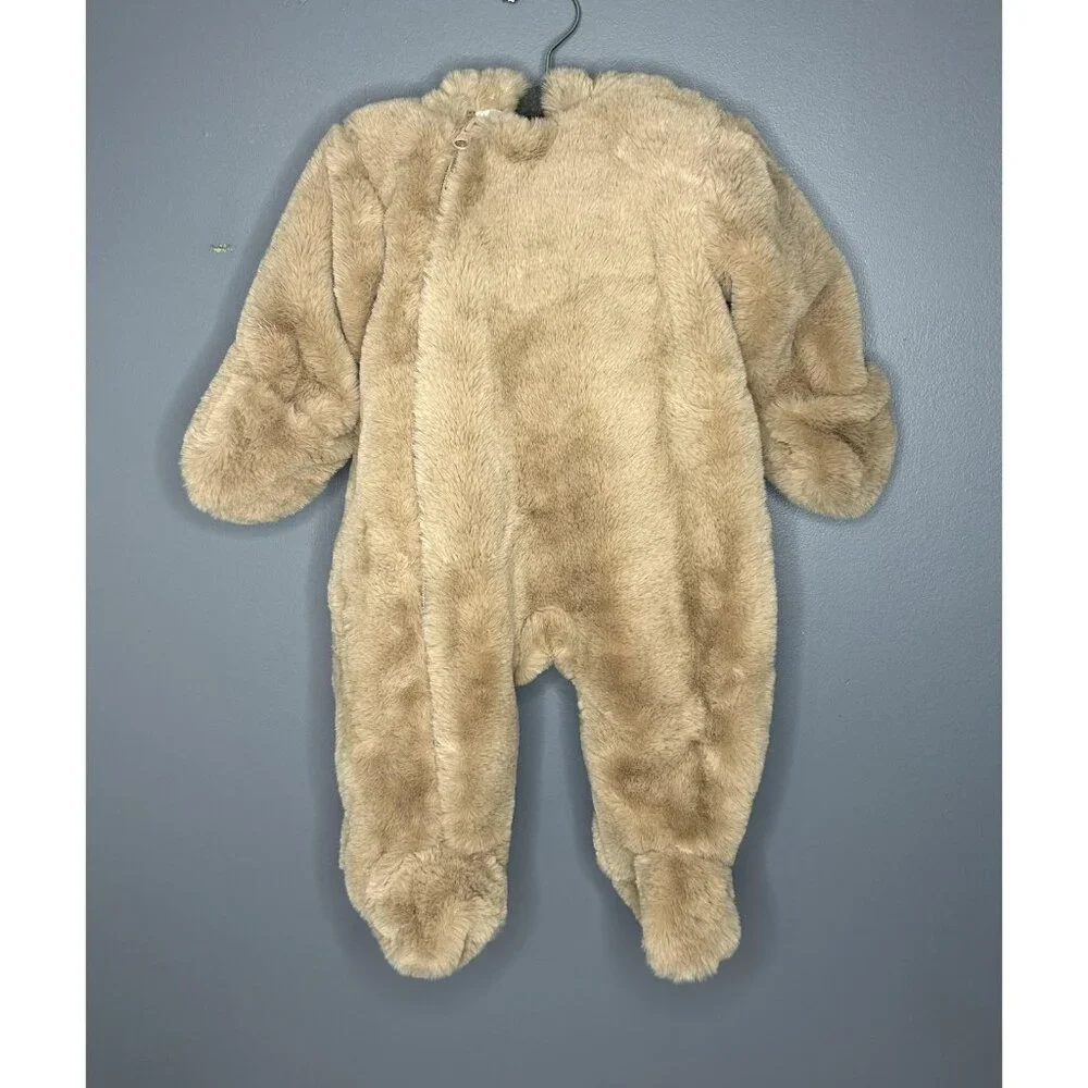 First Wish‎ Snowsuit Baby 3-6 Months Tan Faux Fur Hood Ears Footed Lined SO SOFT